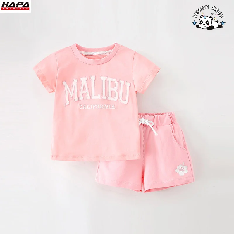 LEZONKIDS - Conjunto Infantil de Estampa de Letra Fashion para Meninas Pequenas Rosa com Etiqueta Privada Personalizada para Crianças de 2-14 Anos